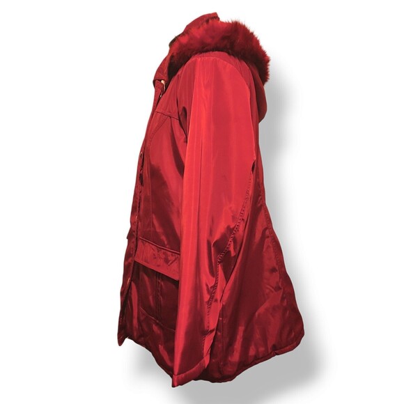 Dennis Basso Red Faux Fur Hood Button Down Zip Up Coat Jacket Women's Size XL - Picture 4 of 8
